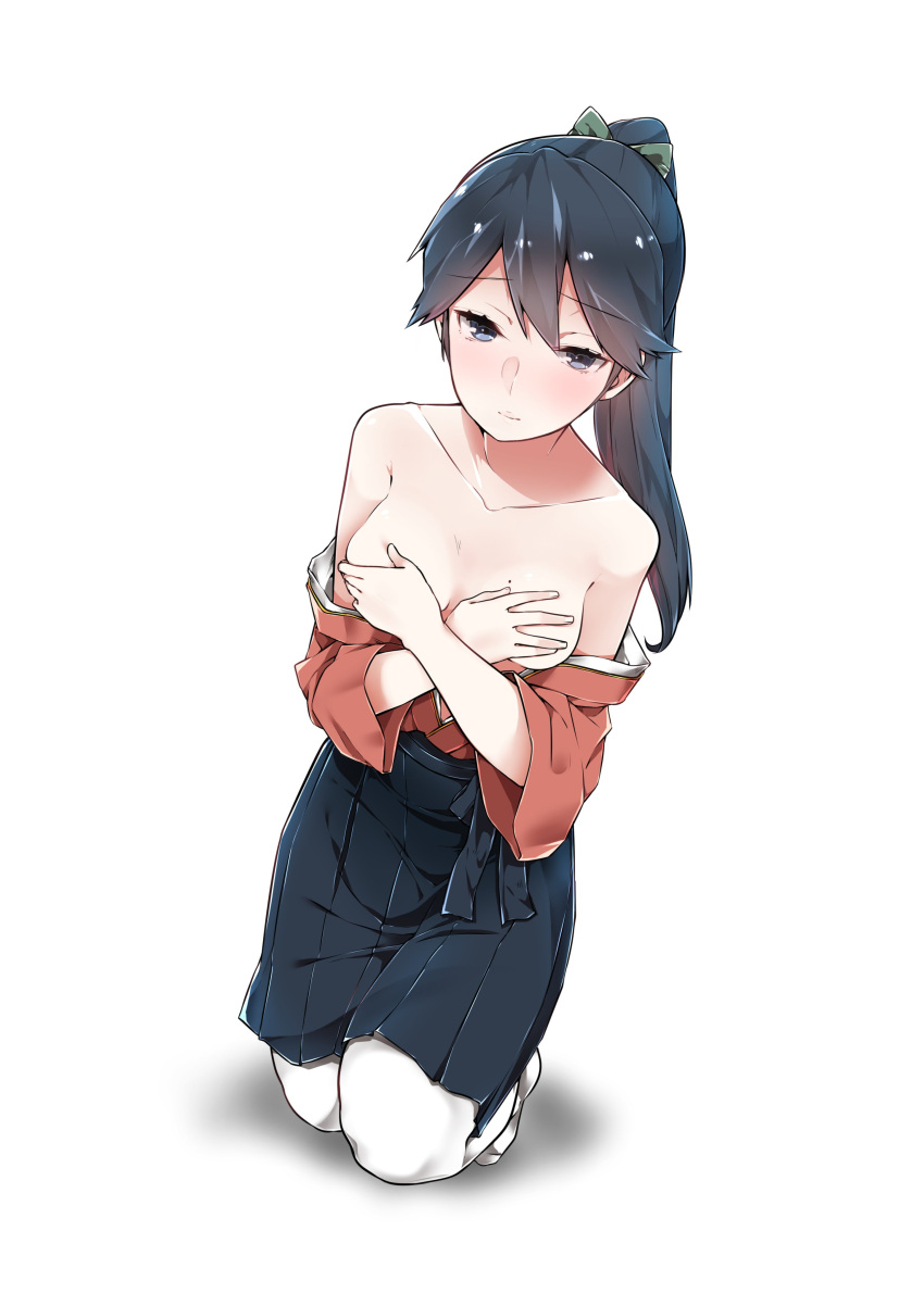 1girl absurdres bare_shoulders black_hair blush breasts covering covering_breasts highres houshou_(kantai_collection) japanese_clothes kantai_collection kneeling long_hair medium_breasts mitsudoue mole mole_on_breast pantyhose ponytail simple_background solo thigh-highs underwear white_legwear