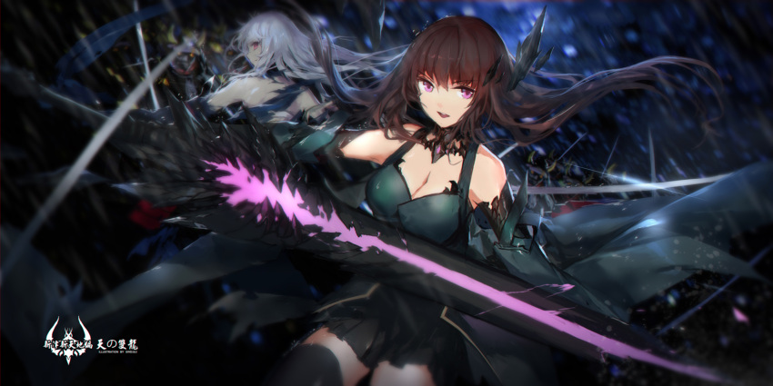 2girls bare_shoulders battle black_dress black_legwear breasts brown_hair cleavage detached_collar dress gauntlets highres looking_at_viewer medium_breasts multiple_girls original parted_lips pink_eyes pixiv_fantasia pixiv_fantasia_t smile swd3e2 sword thigh-highs weapon white_hair