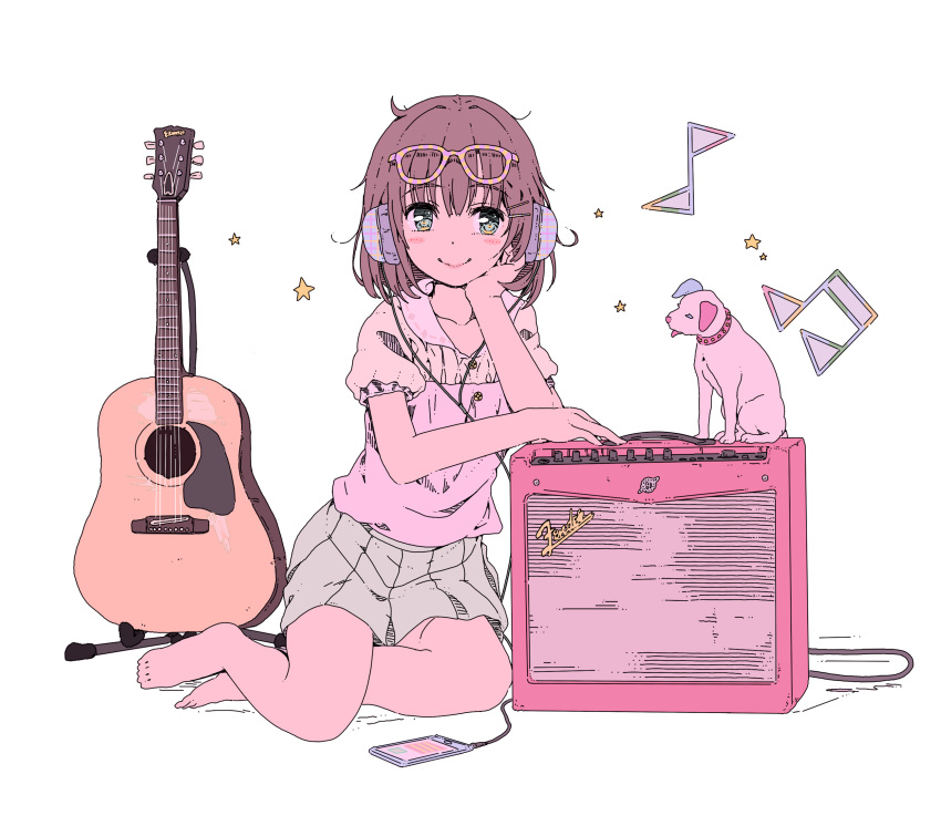 1girl acoustic_guitar amplifier animal artlounge barefoot blush brown_hair chin_rest closed_mouth collar collarbone dog full_body glasses_on_head green_eyes grey_skirt guitar hair_ornament hairclip headphones highres instrument messy_hair musical_note original pink_shirt pleated_skirt puffy_short_sleeves puffy_sleeves quaver shirt short_sleeves simple_background sitting skirt smile star tongue tongue_out white_background
