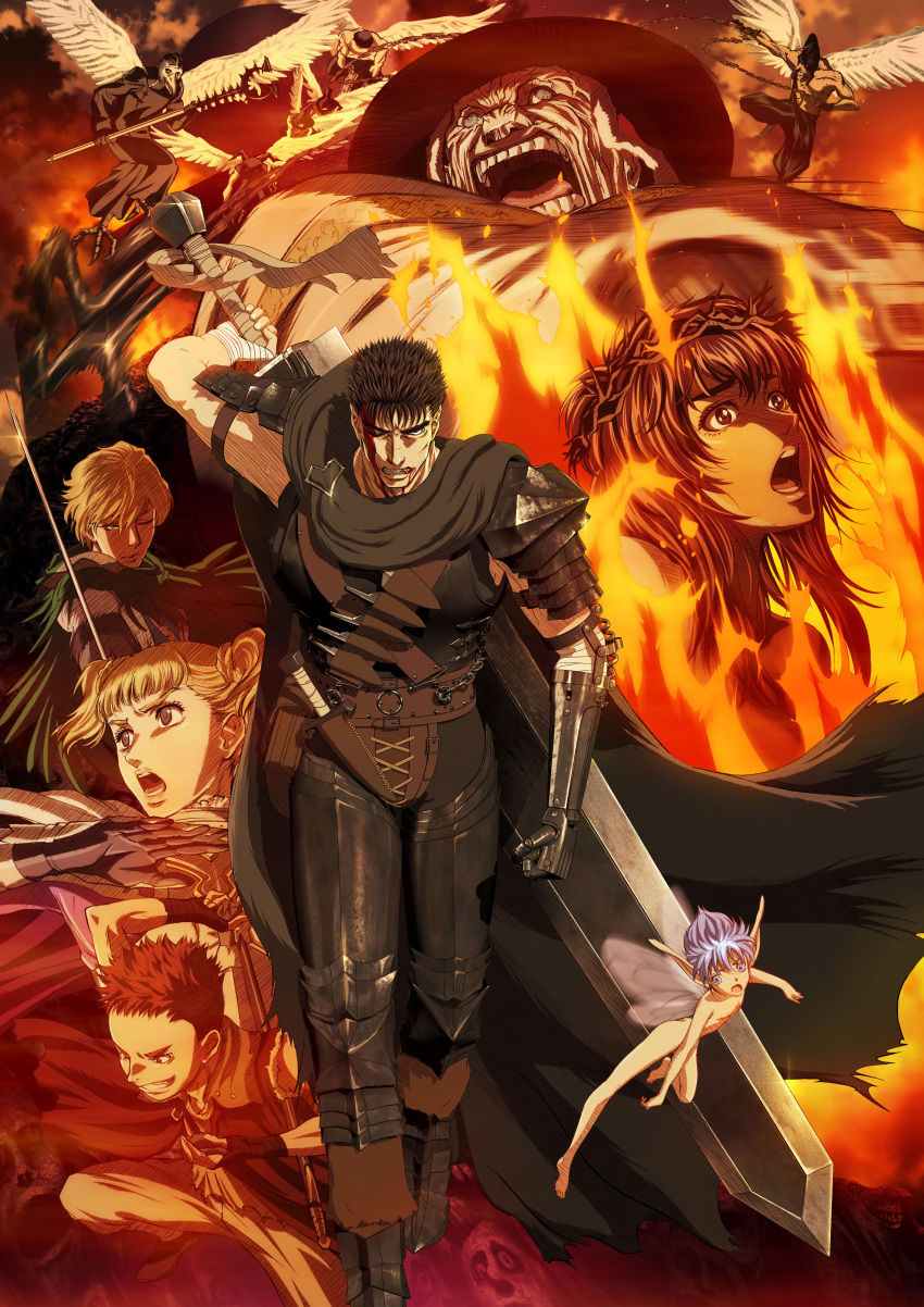 2girls 6+boys absurdres bandage berserk black_gloves black_hair blonde_hair brown_hair burning casca character_request farnese feathered_wings fire gloves guts highres holding holding_sword holding_weapon huge_weapon isidro long_hair mozgus multiple_boys multiple_girls one_eye_closed open_mouth polearm puck serpico short_hair short_twintails sword twintails weapon white_wings wings
