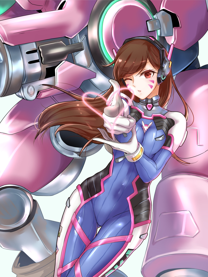 1girl ;) absurdres arm_cannon armor bangs bodysuit boots bracer breasts brown_eyes brown_hair bunny_print covered_navel cowboy_shot d.va_(overwatch) eyebrows eyebrows_visible_through_hair facepaint facial_mark finger_gun gloves headphones highres long_hair long_sleeves mecha medium_breasts meka_(overwatch) one_eye_closed overwatch pauldrons pilot_suit pointing pointing_at_viewer shoulder_pads skin_tight smile solo swept_bangs thigh-highs thigh_boots thigh_gap thigh_strap weapon whisker_markings white_gloves zhangyu_zi
