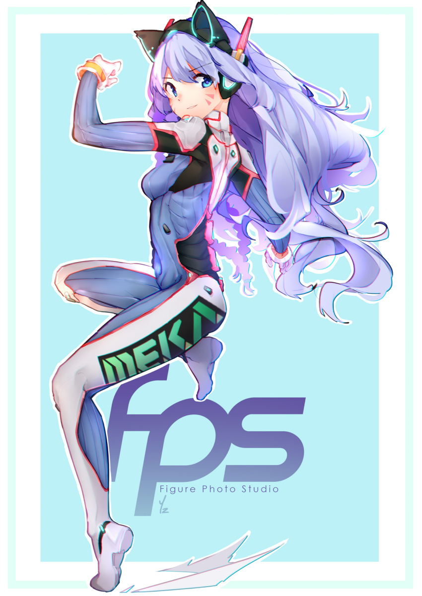 1girl acronym animal_ears bangs blue_eyes blue_hair bodysuit boots bracer breasts cat_ears cosplay d.va_(overwatch) d.va_(overwatch)_(cosplay) eyebrows eyebrows_visible_through_hair facepaint facial_mark fake_animal_ears gloves hand_up headphones highres long_hair long_sleeves looking_at_viewer medium_breasts nero_jeevas one_leg_raised original overwatch pauldrons pilot_suit ribbed_bodysuit second_coming shoulder_pads skin_tight solo standing standing_on_one_leg thigh-highs thigh_boots turtleneck whisker_markings white_boots white_gloves