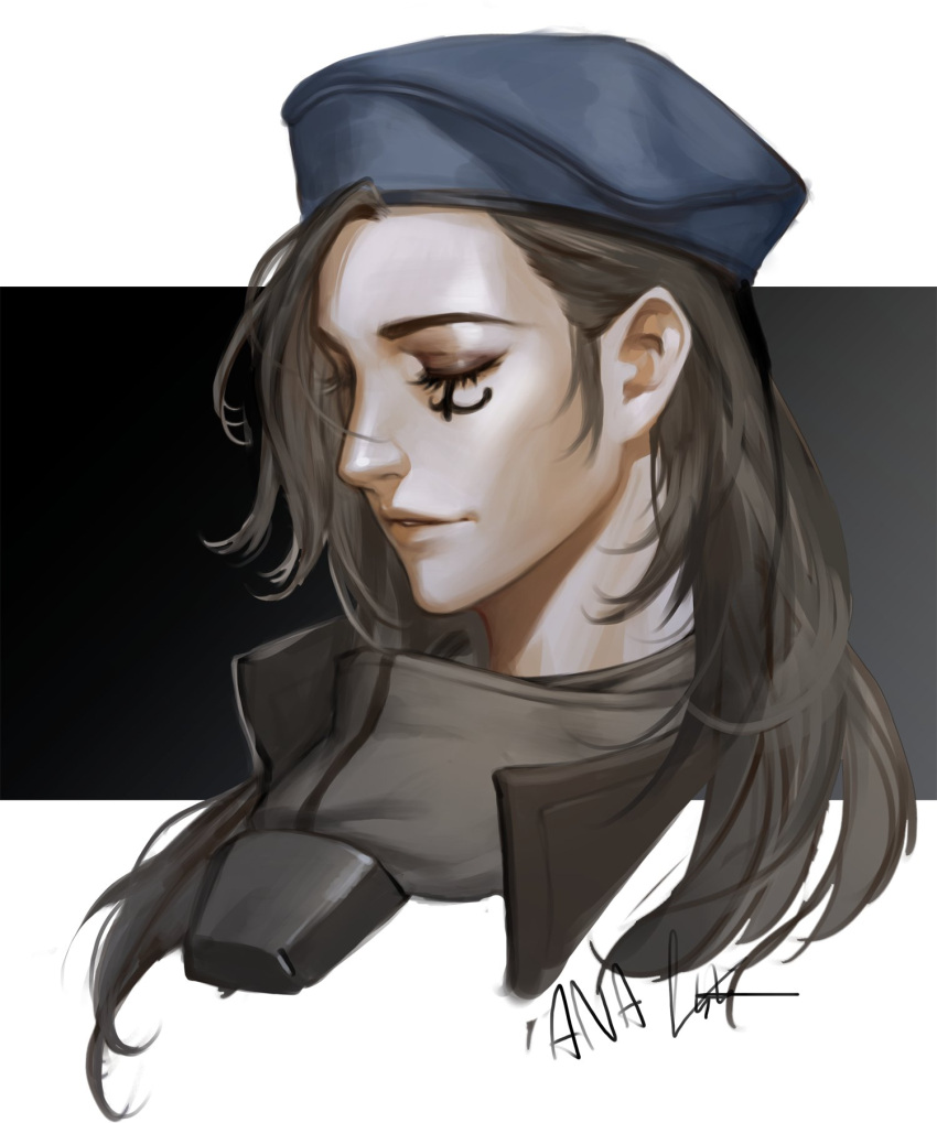 1girl alternate_costume ana_(overwatch) beret black_hair captain_amari character_name closed_eyes dark_skin face facial_mark facial_tattoo hat highres lips long_hair military military_uniform mother_and_daughter nose overwatch parted_lips signature smile solo tattoo uniform younger