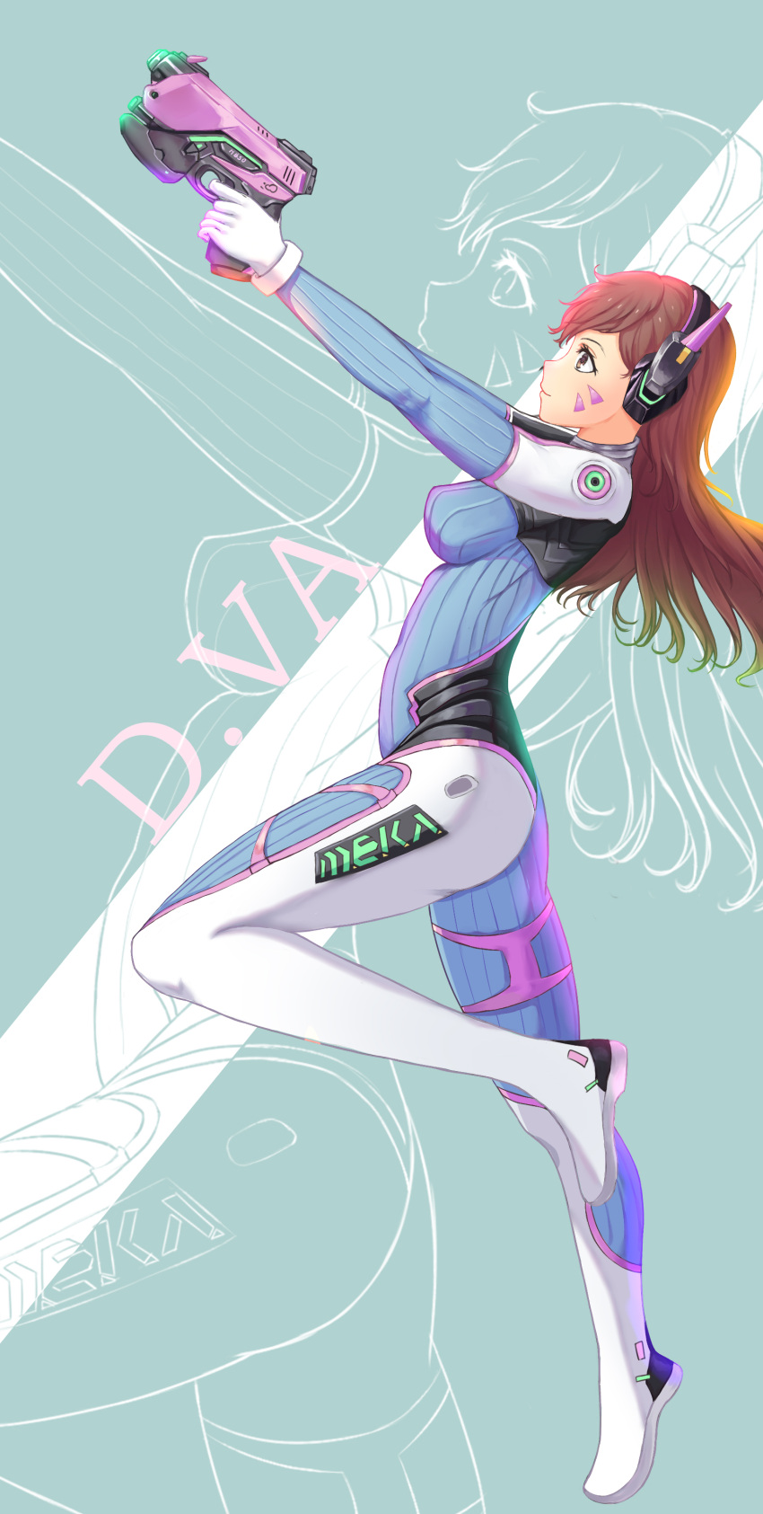 1girl absurdres acronym bad_anatomy bad_hands bangs bodysuit boots bracer breasts brown_eyes brown_hair bunny_print character_name d.va_(overwatch) facepaint facial_mark finger_on_trigger gloves gun handgun hands_up headphones highres holding holding_gun holding_weapon large_breasts long_hair long_sleeves mu_rong one_leg_raised overwatch pauldrons pilot_suit poorly_drawn ribbed_bodysuit shoulder_pads skin_tight smile solo thigh-highs thigh_boots thigh_strap turtleneck weapon whisker_markings white_boots white_gloves