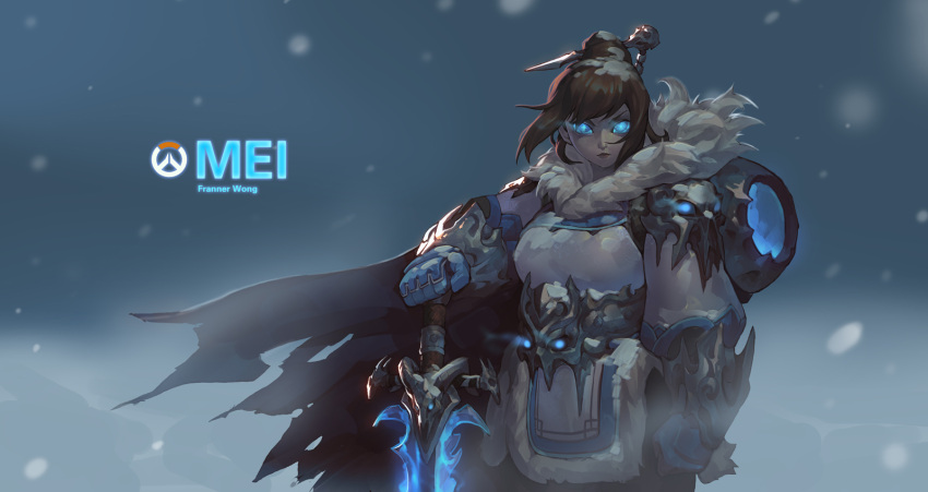 1girl artist_name beads blue_eyes blue_gloves brown_hair canister character_name coat company_connection cowboy_shot death_knight emblem franner frostmourne fur_coat fur_trim gauntlets gloves glowing glowing_eyes hair_bun hair_ornament hair_stick highres holding holding_sword holding_weapon lich_king logo mei_(overwatch) no_glasses overwatch parka parody short_hair sidelocks skull solo spaulders spiked_gauntlets sword trait_connection warcraft weapon winter winter_clothes winter_coat world_of_warcraft