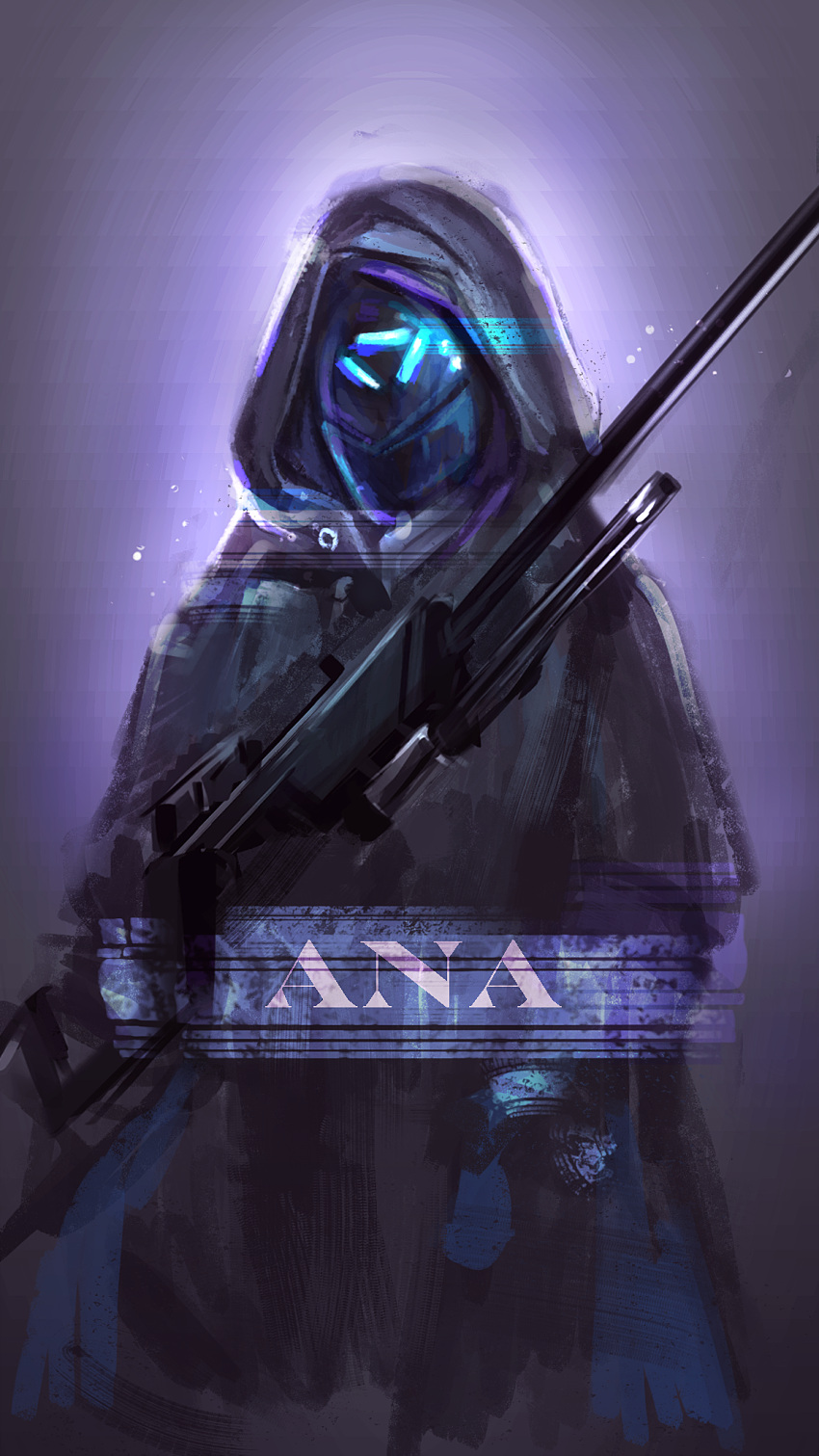1girl alternate_costume ana_(overwatch) dark_background glowing gun hood mask overwatch pt. rifle sniper_rifle solo weapon