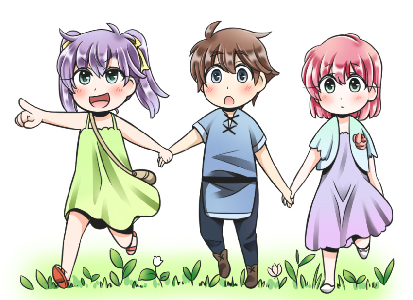 1boy 2girls :d :o blue_eyes blush brown_hair butz_klauser faris_scherwiz final_fantasy final_fantasy_v green_eyes hand_holding lenna_charlotte_tycoon mabo-udon multiple_girls open_mouth pink_hair purple_hair short_hair siblings sisters smile twintails younger