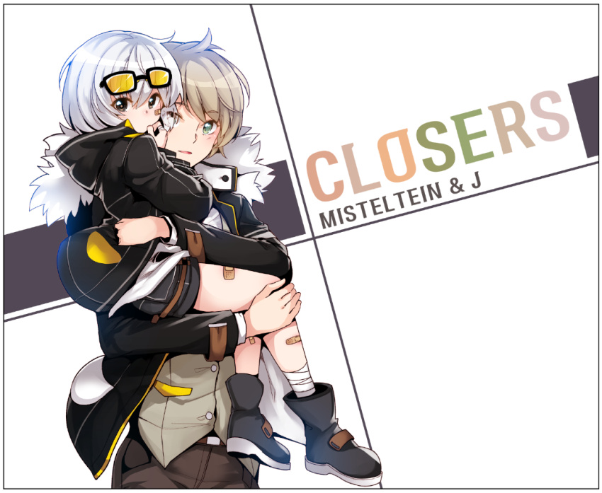 2boys age_switch bandage bandaid carrying character_name closers copyright_name glasses green_eyes j_(closers) jacket male_focus mistilteinn_(closers) multiple_boys open_clothes open_jacket role_reversal seok sunglasses thumb_sucking white_hair