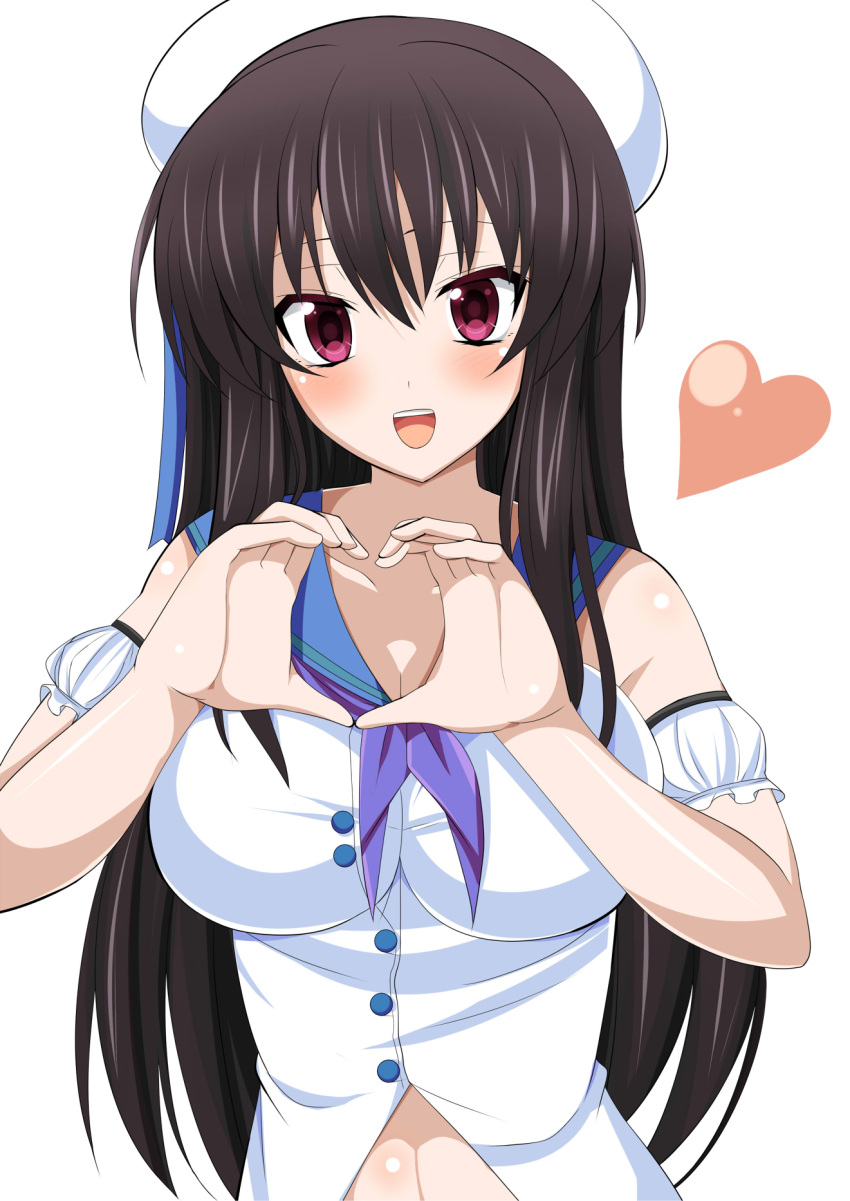 1girl :d artist_request bare_shoulders black_hair blush breasts buttons cleavage collarbone detached_sleeves hat heart heart_hands high_school_dxd high_school_dxd_infinity highres large_breasts long_hair looking_at_viewer neckerchief open_mouth puffy_short_sleeves puffy_sleeves raynare sailor_collar sailor_hat short_sleeves smile solo upper_body violet_eyes
