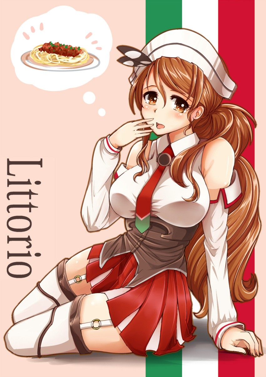 1girl arm_support bare_shoulders blush breasts brown_eyes brown_hair character_name detached_sleeves food full_body garter_straps hat hat_feather highres imagining italian italian_flag italy kantai_collection large_breasts littorio_(kantai_collection) long_hair long_sleeves looking_at_viewer makumaxu miniskirt necktie open_mouth pasta ponytail red_necktie red_skirt skirt solo spaghetti thigh-highs very_long_hair wavy_hair white_legwear zettai_ryouiki