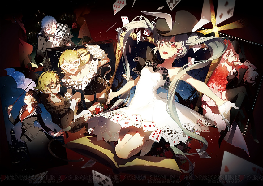 2boys 4girls animal_ears asymmetrical_clothes black_gloves black_hat black_legwear blonde_hair book brown_hair bunny_tail card cat_ears checkered cheshire_cat choker closed_eyes closed_mouth dress flower frilled_dress frills gloves half_mask hat hatsune_miku high_heels holding holding_flower holding_umbrella jumping kagamine_len kagamine_rin kaito legs_crossed long_sleeves looking_at_viewer megurine_luka meiko multiple_boys multiple_girls one_eye_closed open_book open_mouth picture_frame pink_hair project_diva_(series) project_diva_x rabbit_ears red_eyes rella rose shorts smile tail thigh-highs top_hat umbrella vocaloid white_dress white_gloves