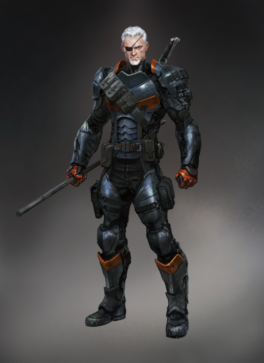 1boy armor batman_(series) belt dc_comics deathstroke eyepatch facial_hair full_body gradient_background grieves looking_at_viewer male_focus simple_background solo sword weapon white_hair
