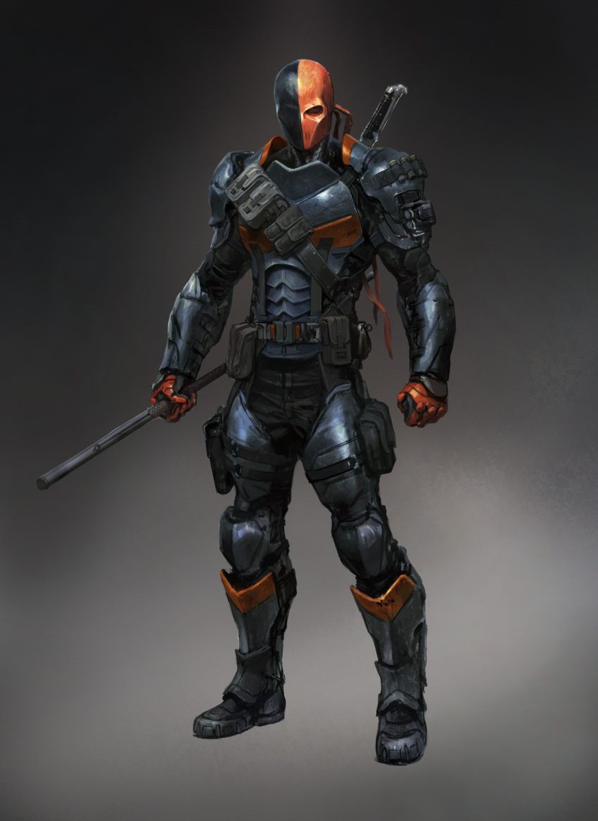 1boy armor batman_(series) belt dc_comics deathstroke full_body grieves male_focus mask solo sword weapon