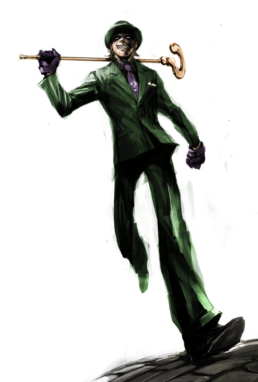 1boy batman_(series) bowler_hat brown_hair cane clenched_teeth dc_comics domino_mask formal full_body gloves hat highres male_focus mask naratani necktie riddler shoes simple_background smile solo staff suit teeth the_riddler white_background