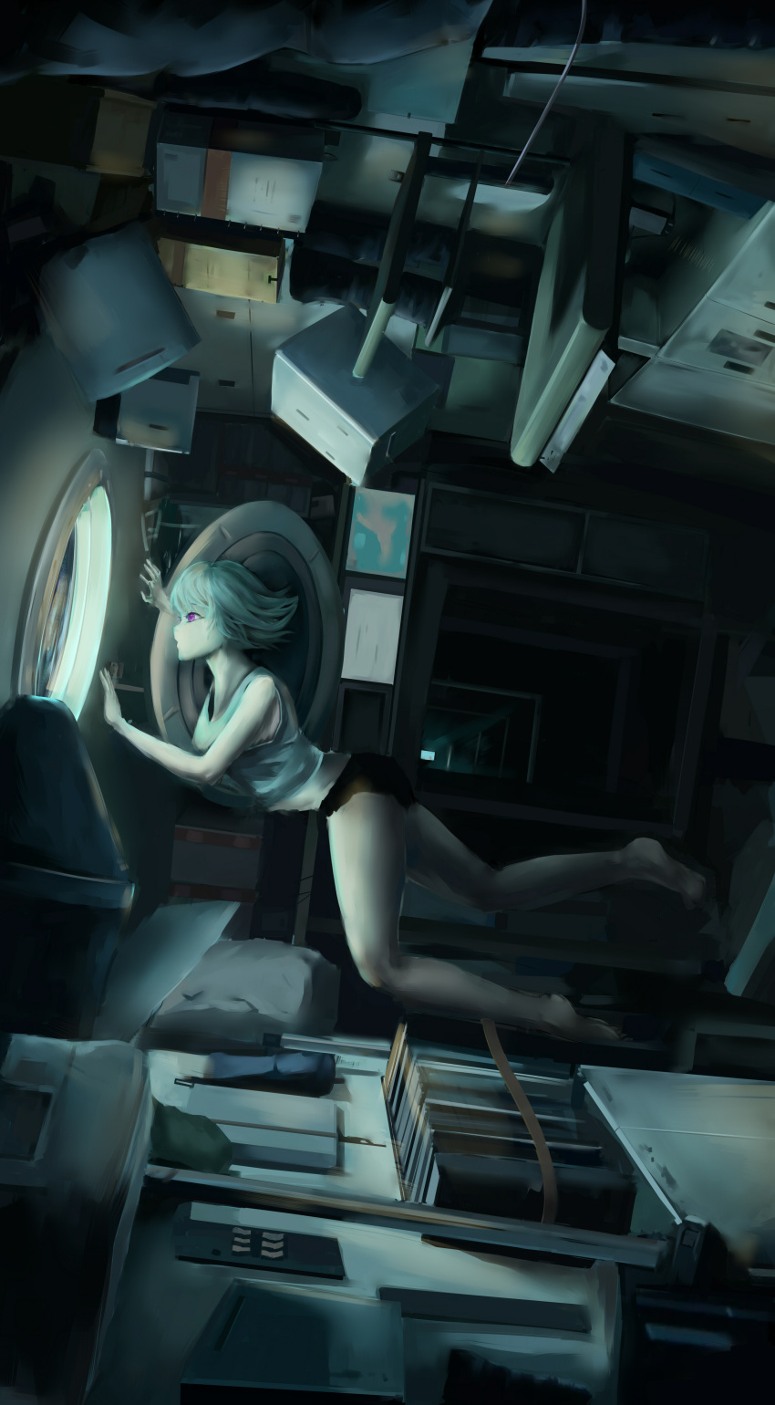 1girl absurdres barefoot dutch_angle floating from_side highres indoors looking_outside original panties papa_(pixiv12443934) porthole profile short_hair silver_hair solo space tank_top underwear violet_eyes zero_gravity