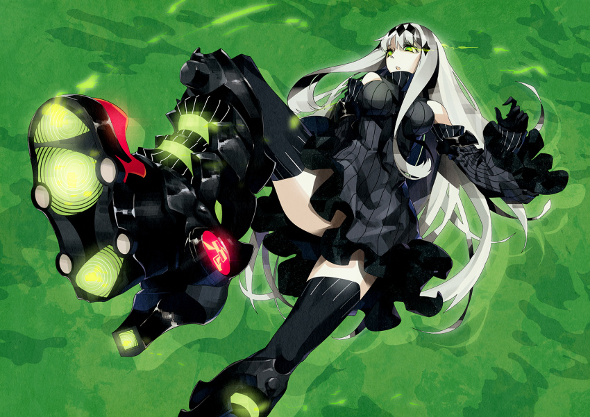 1girl :o aircraft_carrier_water_oni armor armored_boots bare_shoulders black_boots black_dress black_gloves black_legwear boots detached_sleeves dress foreshortening gloves glowing glowing_eye green_eyes hair_ornament kantai_collection knee_boots long_hair long_sleeves ribbed_dress shinkaisei-kan short_dress solo thigh-highs tsurukame very_long_hair white_hair wide_sleeves