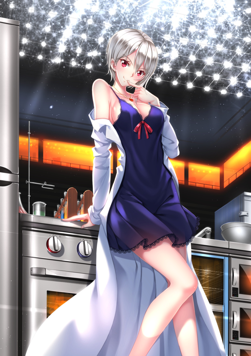 1girl beaker blush breasts cleavage closed_mouth collarbone dress faucet finger_to_mouth highres indoors jewelry kitchen labcoat lace lace-trimmed_dress long_sleeves looking_at_viewer medium_breasts mixing_bowl nakiri_alice nightgown oven pendant pot red_eyes red_ribbon ribbon shokugeki_no_souma short_hair silver_hair smile solo stage_lights swordsouls vial