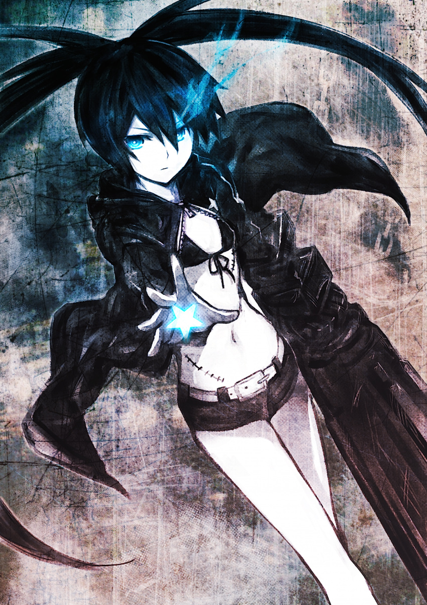 1girl arm_cannon belt bikini_top black_hair black_rock_shooter black_rock_shooter_(character) blue_eyes coat glowing glowing_eye glowing_eyes hair_between_eyes highres long_hair long_sleeves looking_at_viewer midriff navel open_hand pale_skin puma_(hyuma1219) scar short_shorts shorts solo star twintails uneven_twintails weapon zipper