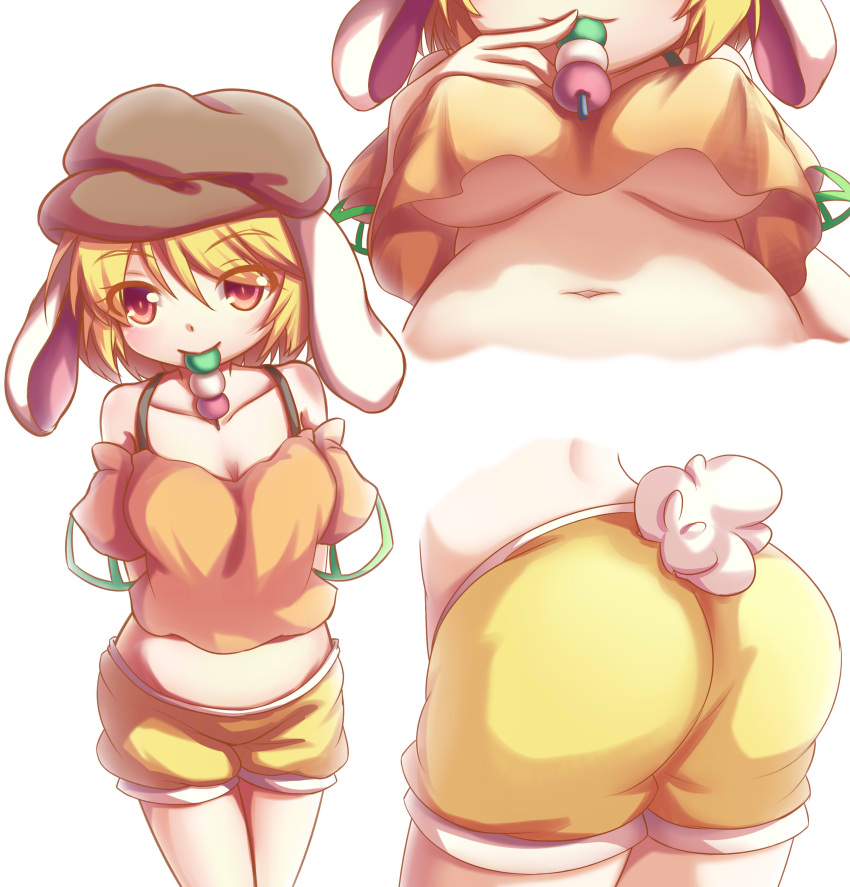 1girl :3 absurdres animal_ears arms_behind_back ass bangs belly blonde_hair breasts brown_hat bunny_tail cleavage closed_mouth collarbone crop_top crop_top_overhang dango dior-zi eyebrows eyebrows_visible_through_hair flat_cap food food_in_mouth hair_between_eyes hat highres looking_at_viewer medium_breasts midriff mouth_hold multiple_views navel no_bra off-shoulder_shirt orange_shirt plump rabbit_ears red_eyes ringo_(touhou) sanshoku_dango shirt short_hair short_shorts short_sleeves shorts simple_background smile stomach tail touhou under_boob upshirt wagashi white_background
