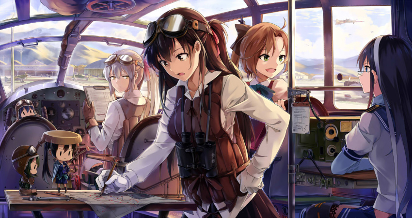 6+girls :d :o ahoge aircraft airplane akigumo_(kantai_collection) bangs binoculars black-framed_eyewear black_hair blue_bow blue_bowtie blue_eyes blue_skirt blue_sky bow bowtie breasts brown_eyes brown_gloves brown_hair brown_hat brown_skirt building chibi clipboard closed_mouth cockpit collarbone collared_shirt day expressionless eye_contact fairy_(kantai_collection) female_admiral_(kantai_collection) glasses gloves goggles goggles_on_head green_eyes hair_bow hat hill indoors kantai_collection kasumi_(kantai_collection) little_girl_admiral_(kantai_collection) long_hair long_sleeves looking_at_another looking_back machinery medium_breasts multiple_girls neko_(yanshoujie) ooyodo_(kantai_collection) open_mouth paper peeking pencil pleated_skirt ponytail profile radio red_bow red_vest rimless_glasses seat shirt silver_hair sitting skirt sky smile standing sunglasses thigh-highs vest white_gloves white_legwear white_shirt wing_collar writing yellow_eyes zettai_ryouiki