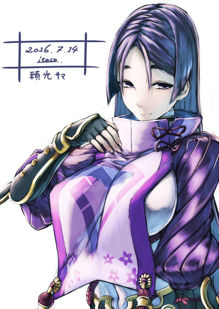 1girl breasts dated fate/grand_order fate_(series) fingerless_gloves gloves highres itaco1987 japanese_clothes large_breasts light_smile looking_at_viewer minamoto_no_yorimitsu_(fate/grand_order) purple_hair raised_eyebrows signature simple_background solo violet_eyes white_background