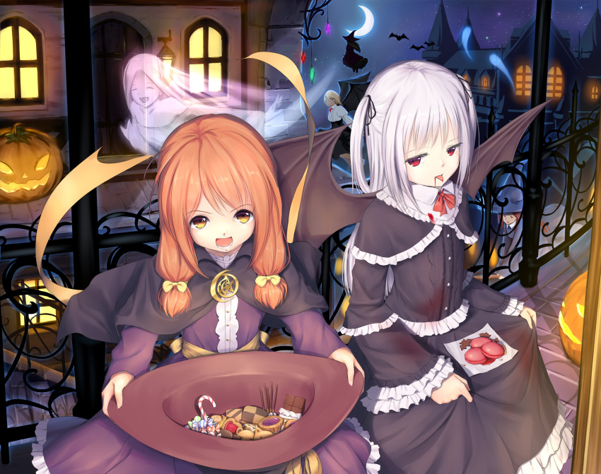 6+girls :d :p bat bat_wings blood blood_from_mouth broom broom_riding candy candy_cane checkerboard_cookie chocolate_bar cookie crescent_moon food ghost halloween hat hat_basket hat_removed headwear_removed highres holding holding_hat jack-o'-lantern lely macaron moon multiple_girls night open_mouth orange_hair original outdoors pocky railing red_eyes short_hair sidelocks silver_hair skirt_basket smile tongue tongue_out twintails vampire_costume window wings witch yellow_eyes