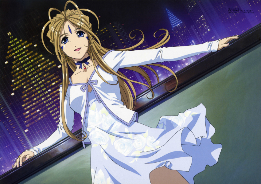 aa_megami-sama antenna_hair bangs belldandy blue_choker blue_eyes breasts brown_hair city city_lights cityscape dress floral_dress floral_print happy long_hair long_sleeved_dress long_sleeves looking_at_viewer off-shoulder_dress off_shoulder official_art outstretched_arms ribbon ribbon_choker sky skyline skyscraper small_breasts smile smiling solo straps urban_background white_capelet white_dress