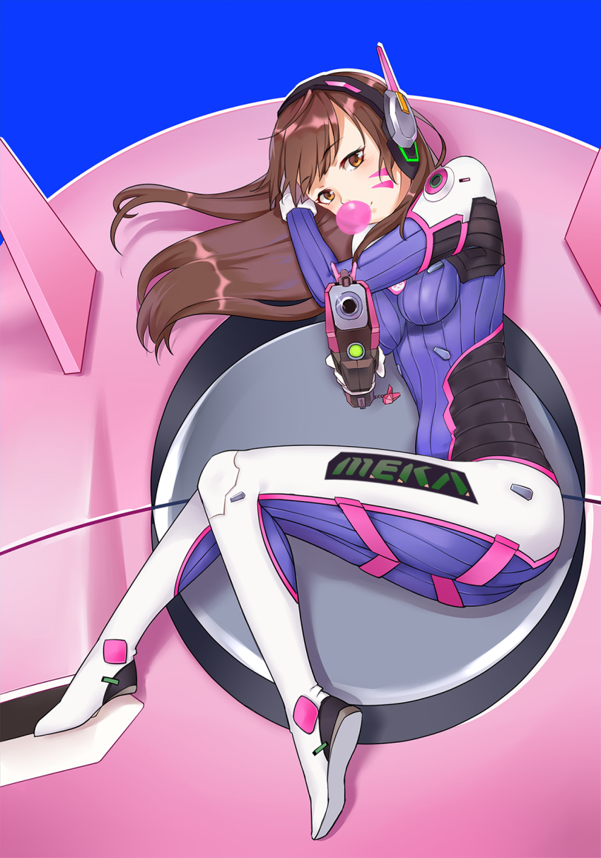 1girl armor bangs bodysuit boots bracer breasts brown_eyes brown_hair bubble_blowing bubblegum bunny_print charm_(object) d.va_(overwatch) eyebrows eyebrows_visible_through_hair facepaint facial_mark gloves gum gun headphones highres holding holding_gun holding_weapon long_hair long_sleeves lying mecha medium_breasts meka_(overwatch) on_side overwatch pauldrons pilot_suit pointing pointing_at_viewer shoulder_pads skin_tight smile_(mm-l) solo swept_bangs thigh-highs thigh_boots thigh_strap weapon whisker_markings white_boots white_gloves