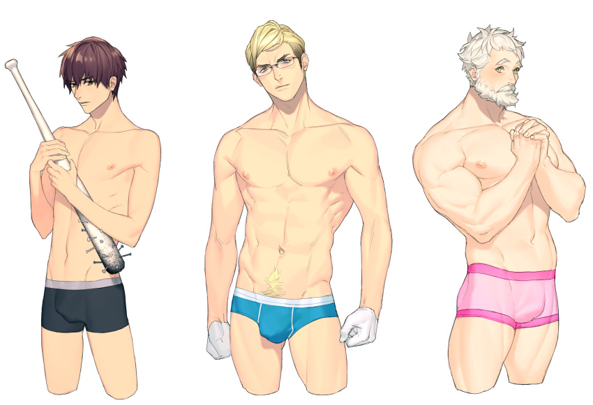 3boys abdominal_hair absurdres bangs baseball_bat beard blonde_hair boxers briefs brown_eyes bulge chest cropped_legs eyebrows eyebrows_visible_through_hair facial_hair glasses green_eyes grey_eyes groin hair_between_eyes hands_clasped highres holding holding_weapon interlocked_fingers japants looking_at_viewer male_focus multiple_boys muscle mustache nail nail_bat navel nipples old_man original own_hands_together parted_lips rimless_glasses shirtless sketch skin_tight stomach transparent_background underwear underwear_only weapon white_hair