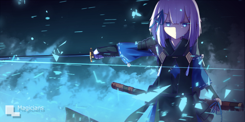1girl artist_name blue_eyes blue_ribbon closed_mouth english frown hair_ornament hair_ribbon hairclip holding holding_sword holding_weapon katana looking_at_viewer magicians_(zhkahogigzkh) original outstretched_arm purple_hair ribbon ribbon-trimmed_sleeves ribbon_trim sheath silhouette solo sword weapon