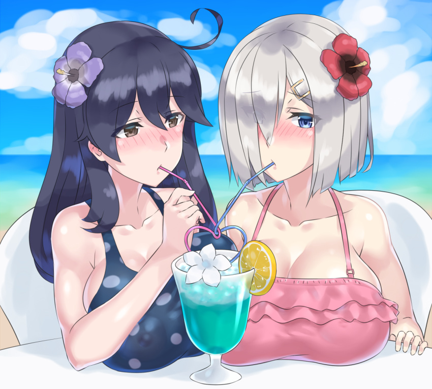 2girls ahoge bikini black_hair blue_eyes blush breasts brown_eyes cleavage cocktail drink drinking_straw evuoaniramu eyes_visible_through_hair flower food frilled_swimsuit frills fruit hair_flower hair_ornament hair_over_one_eye hairclip hamakaze_(kantai_collection) hibiscus highres huge_breasts kantai_collection long_hair looking_at_viewer md5_mismatch multiple_girls one-piece_swimsuit orange orange_slice polka_dot polka_dot_swimsuit short_hair silver_hair swimsuit ushio_(kantai_collection) yuri