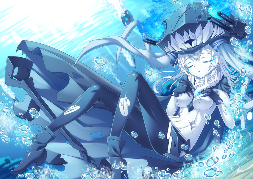 1girl black_gloves bodysuit cape closed_eyes gloves glowing glowing_eyes headgear i-class_destroyer injury kantai_collection long_hair ocean shinkaisei-kan sinking submerged tonchan torn_clothes underwater white_hair white_skin wo-class_aircraft_carrier