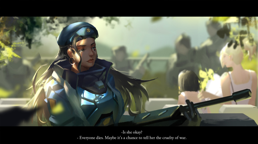 1girl 3girls alternate_costume ana_(overwatch) armor beret black_hair blurry braid brown_eyes captain_amari dark_skin depth_of_field dress earrings english facial_mark facial_tattoo flaurel gloves graveyard gun hair_tubes hand_on_another's_shoulder hat highres holding holding_gun holding_weapon hoop_earrings jewelry leaf letterboxed lips long_hair mercy_(overwatch) multiple_girls nose overwatch pharah_(overwatch) power_armor power_suit rifle side_braid sleeveless sleeveless_dress sniper_rifle solo_focus subtitled tattoo tree upper_body weapon white_dress younger