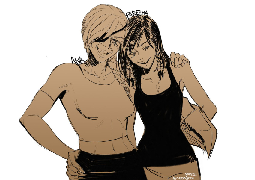 2girls :d ana_(overwatch) artist_name bangs bare_shoulders braid breasts collarbone cowboy_shot eye_of_horus eyepatch facial_mark facial_tattoo grin hair_tubes hand_on_another's_shoulder hand_on_hip long_braid long_hair looking_at_viewer manjji monochrome mother_and_daughter multiple_girls navel old_woman open_mouth overwatch pants pharah_(overwatch) shirt short_hair side_braids sidelocks smile tank_top tattoo teeth twitter_username
