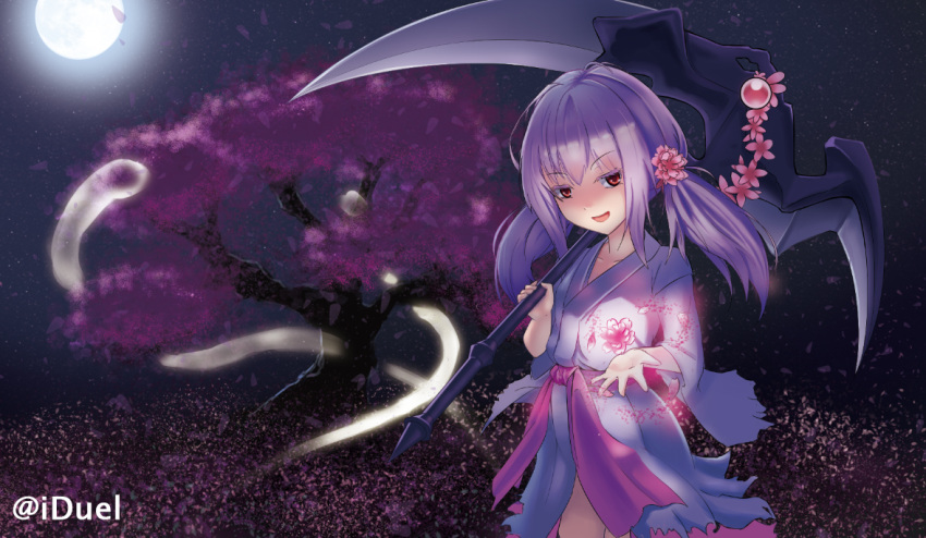 &gt;:d 1girl :d cherry_blossoms duel_monster flower full_moon ghost_reaper_&amp;_winter_cherries hair_flower hair_ornament hitodama holding holding_weapon japanese_clothes jiguang_zhi_aoluola kimono lavender_hair long_hair looking_at_viewer moon night open_mouth red_eyes sash scythe shaded_face smile solo torn_clothes twintails weapon wide_sleeves yu-gi-oh!
