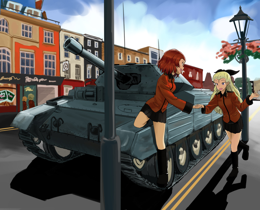4girls assam blonde_hair blurry bow brown_eyes brown_hair building city clouds commentary crusader_(tank) darjeeling depth_of_field girls_und_panzer ground_vehicle hair_bow hand_holding hand_up highres lamppost long_hair looking_at_another military military_vehicle minori_(ernte_c) motor_vehicle multiple_girls open_mouth orange_pekoe pleated_skirt redhead road rosehip shadow short_hair sketch skirt sky smile standing standing_on_one_leg street tank uniform violet_eyes walking