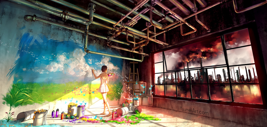 1girl animal artist_name bare_legs bare_shoulders barefoot brown_hair brush building butterfly canvas_(object) cityscape dress dripping fish from_behind full_body funnels highres holding indoors insect original paint_can paintbrush painting palette pipes short_hair sleeveless sleeveless_dress smoke solo standing stitched sundress water watermark web_address wenqing_yan white_dress window