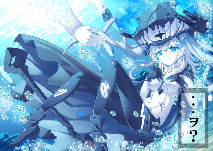1boy 1girl admiral_(kantai_collection) black_gloves blue_eyes bodysuit cape closed_eyes commentary_request gloves glowing glowing_eyes headgear i-class_destroyer injury kantai_collection long_hair ocean reaching shinkaisei-kan sinking submerged tonchan torn_clothes translation_request underwater white_gloves white_hair white_skin wo-class_aircraft_carrier