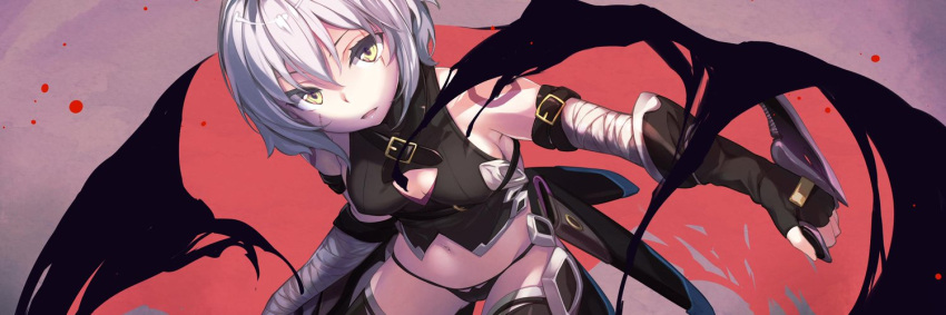 1girl armband assassin_of_black bandaged_arm bare_shoulders black_gloves black_legwear black_panties breasts cropped dagger fate/apocrypha fate/grand_order fate_(series) fingerless_gloves gloves gluteal_fold hinasaki_you leaning_forward medium_breasts navel panties parted_lips scar sheath short_hair silver_hair solo string_panties tattoo thigh-highs underwear weapon yellow_eyes
