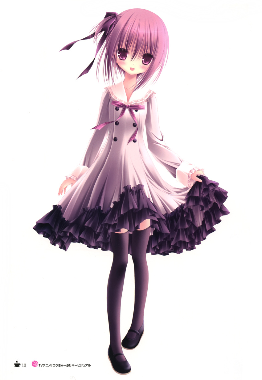 1girl absurdres black_legwear black_ribbon collarbone dress hair_ribbon highres looking_at_viewer minato_tomoka one_side_up open_mouth pink_hair ribbon rou-kyuu-bu! short_hair simple_background skirt_hold solo thigh-highs tinker_bell violet_eyes white_background