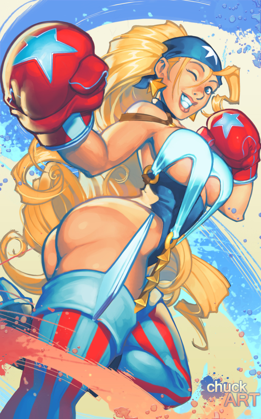1girl absurdres ass bandanna blonde_hair blue_eyes boxing_gloves breasts capcom chuck_pires cleavage highres large_breasts long_hair looking_at_viewer rival_schools solo striped striped_legwear thigh-highs tiffany_lords under_boob