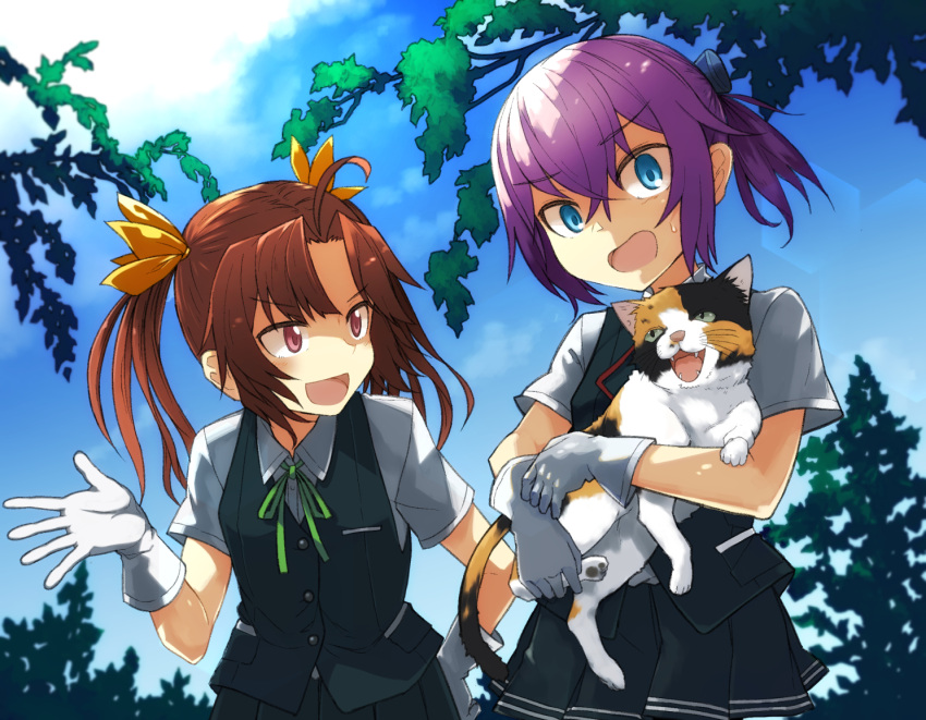 2girls :3 :d ahoge animal animal_ears blouse blue_eyes blue_sky brown_hair buttons cat cat_ears clouds fangs gloves green_ribbon hair_between_eyes hair_ornament hair_ribbon hand_on_hip holding kagerou_(kantai_collection) kantai_collection long_hair multiple_girls neck_ribbon open_hand open_mouth outdoors pink_hair plant pleated_skirt ponytail red_ribbon ribbon school_uniform shiranui_(kantai_collection) short_hair short_ponytail skirt sky smile tail tree twintails umoo_futon vest white_blouse white_gloves yellow_ribbon