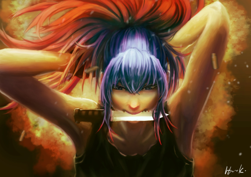1girl absurdres adjusting_hair blue_eyes blue_hair combat_knife gradient_hair hank_hua highres knife leona_heidern mouth_hold multicolored_hair orochi_leona redhead solo tank_top the_king_of_fighters weapon