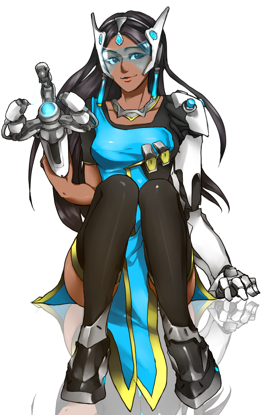 1girl black_hair black_legwear breasts brown_eyes collarbone dark_skin dress earrings forehead_jewel full_body highres holding holding_weapon jewelry knees_together_feet_apart kowalu lips long_hair looking_at_viewer mechanical_arm mole mole_above_mouth overwatch reflection reflective_floor simple_background sitting small_breasts solo symmetra_(overwatch) thigh-highs visor weapon white_background