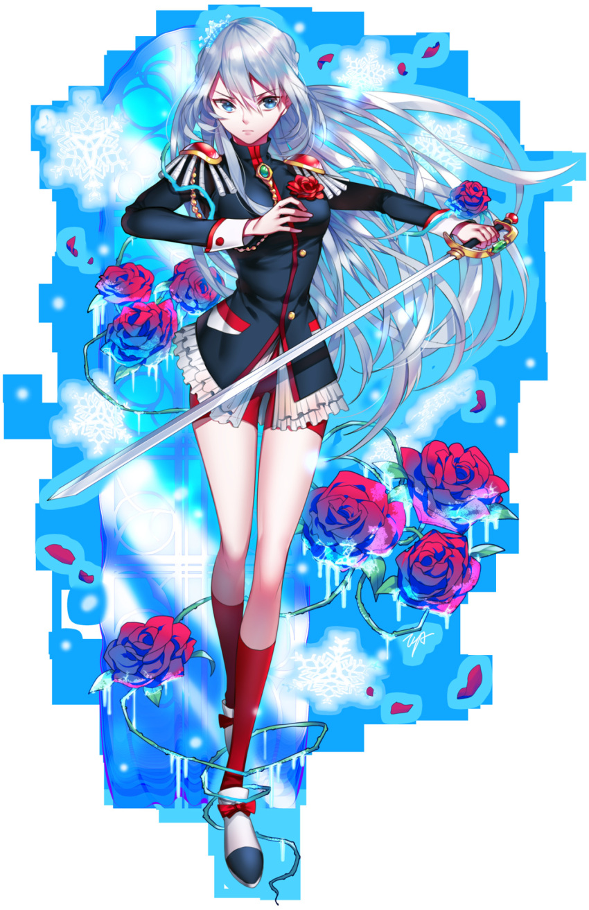 1girl 90s alternate_costume bare_legs black_jacket blue_eyes buttons closed_mouth cosplay cynthia_(soccer_spirits) epaulettes floating_hair flower full_body highres holding holding_sword holding_weapon jacket kneehighs long_hair looking_at_viewer petals red_legwear rose serious shoujo_kakumei_utena silver_hair snowflakes soccer_spirits solo standing sword tenjou_utena tenjou_utena_(cosplay) thighs tooaya unsheathed very_long_hair weapon wind