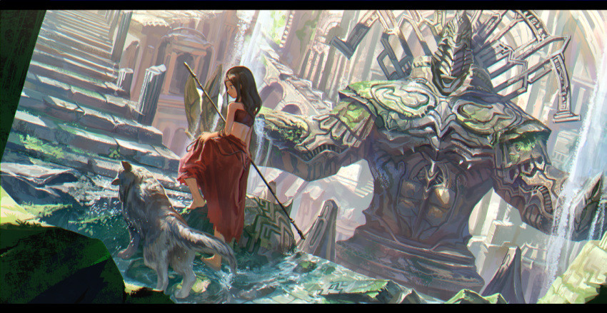 1girl ancient architecture armlet back barefoot brown_hair day dog dutch_angle from_behind letterboxed long_hair long_skirt looking_down moss original overgrown ox_(baallore) perspective pillar polearm red_skirt rock ruins scenery shaking skirt smile solo spear stairs stream sunlight traditional_clothes walking water waterfall weapon wet