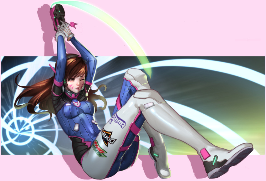 1girl absurdres armor arms_up ass bangs bodysuit boots bracer breasts brown_eyes brown_hair bunny_print censored charm_(object) d.va_(overwatch) dog_hate_burger emblem facepaint facial_mark gloves gun headphones high_collar highres holding holding_gun holding_weapon lips logo long_hair long_sleeves medium_breasts one_eye_closed overwatch pauldrons pilot_suit pink_lips ribbed_bodysuit shoulder_pads skin_tight smile solo swept_bangs thigh-highs thigh_boots thigh_strap turtleneck weapon whisker_markings white_boots white_gloves