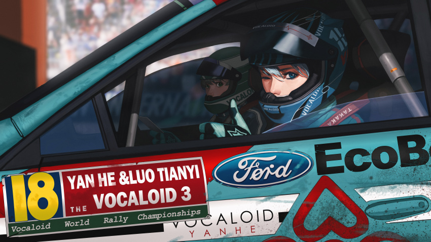 2girls absurdres bangs blue_eyes car car_interior car_seat character_name covered_mouth driver emblem eyelashes ford genderswap genderswap_(ftm) green_eyes ground_vehicle hair_between_eyes handle highres logo looking_at_viewer luo_tianyi motor_vehicle multiple_girls one_eye_closed seatbelt short_hair thumbs_up tony_sun vehicle vocaloid vocanese white_hair yanhe