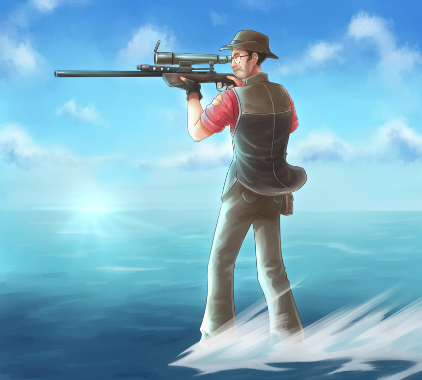 123hamster 1boy aiming glasses gun hat highres kantai_collection meme pants red_shirt rifle shirt sniper_rifle sunglasses team_fortress_2 the_sniper vest waterskiing_(meme) weapon