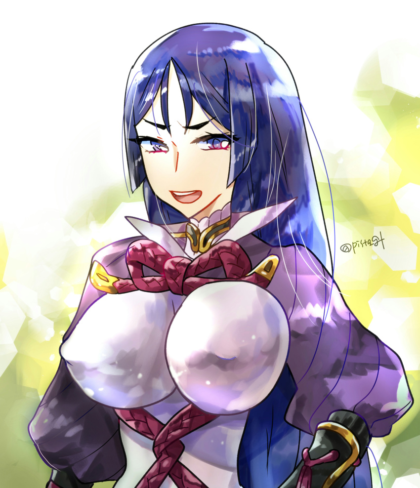 1girl absurdres blue_eyes blue_hair breasts erect_nipples eyebrows fate/grand_order fate_(series) highres large_breasts long_hair looking_at_viewer minamoto_no_yorimitsu_(fate/grand_order) open_mouth pista solo twitter_username